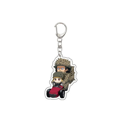 Clear acrylic 55mm sword art online keychain with alice and kirigaya characters riding red vehicle attached to silver clip