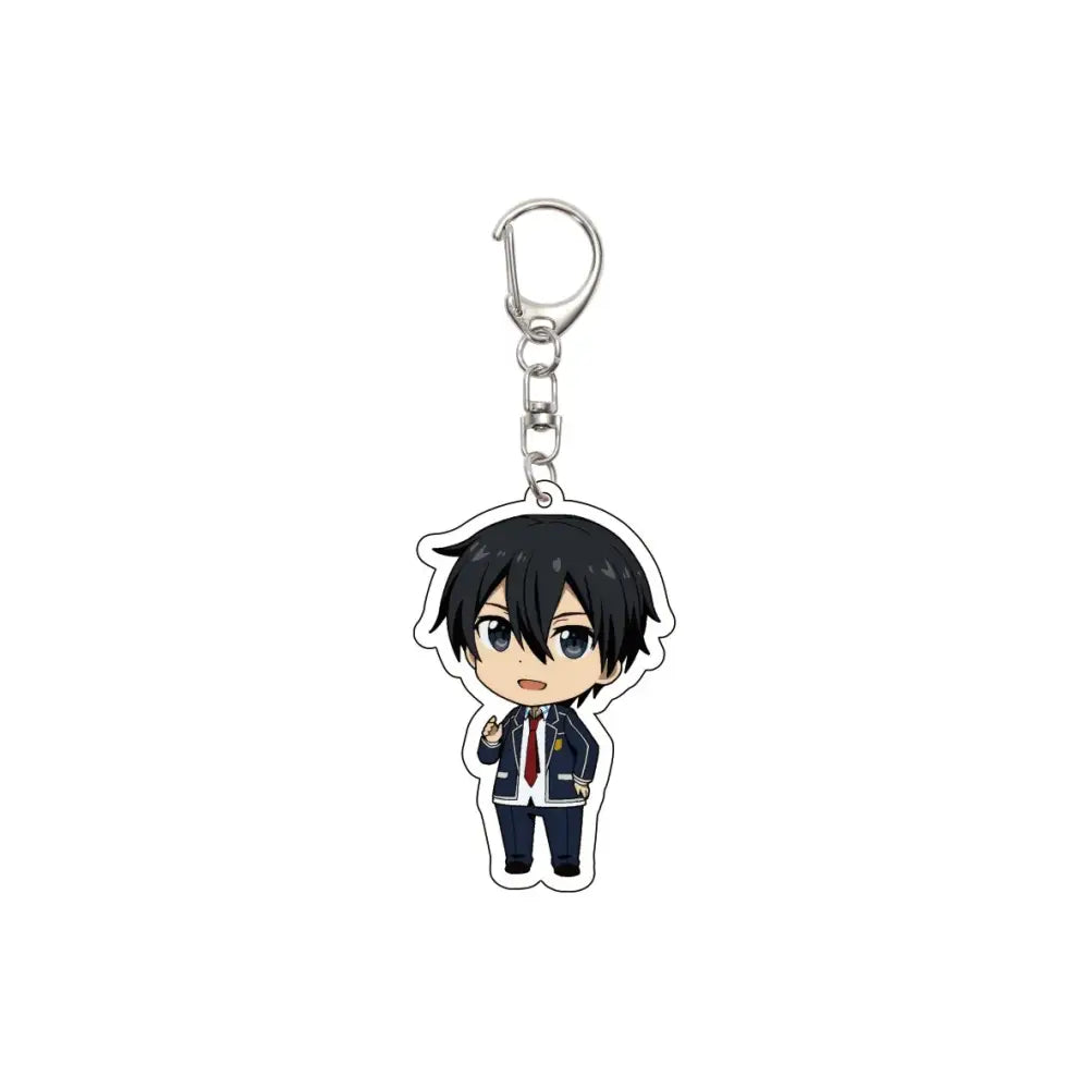 Black-haired anime character keychain with blue eyes in navy school uniform and red tie acrylic model plate gift