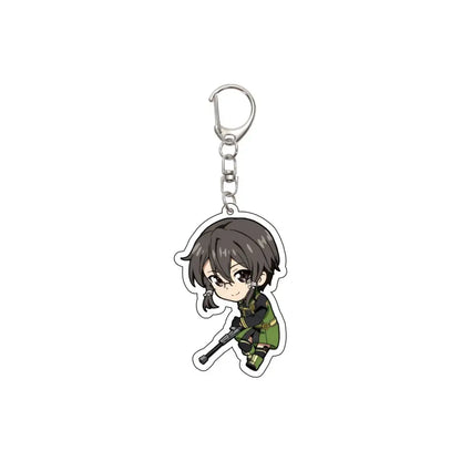 Chibi-style acrylic keychain featuring character with short brown hair and green tactical gear holding rifle attached to silver clip