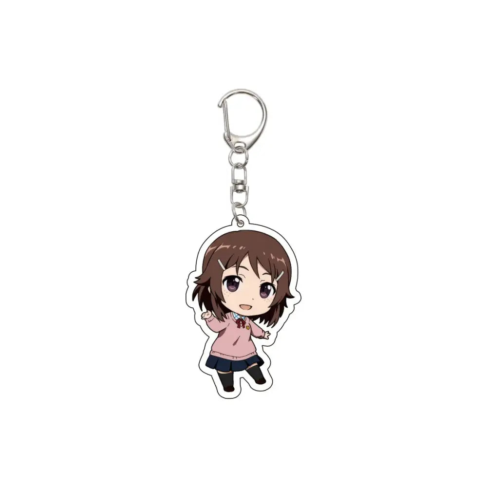 A 55mm chibi-style acrylic keychain with brown hair character in pink sweater and dark blue skirt from sword art online