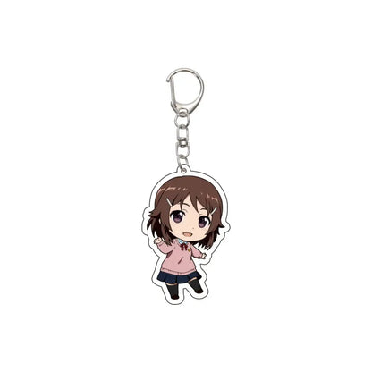 A 55mm chibi-style acrylic keychain with brown hair character in pink sweater and dark blue skirt from sword art online