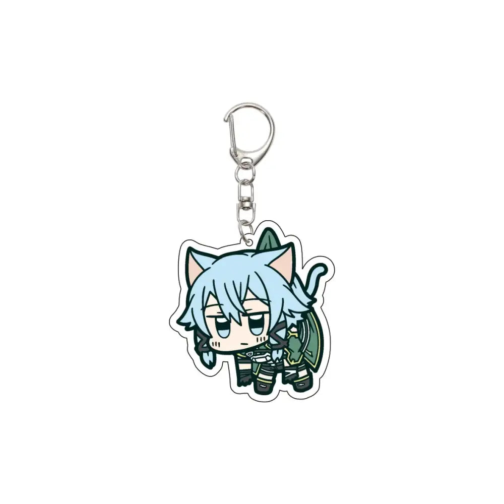 A light blue anime keychain featuring alice synthesis with green and black armor details and a silver metal clip
