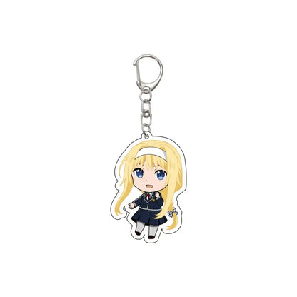 A chibi-style acrylic keychain of a blonde anime girl with blue eyes in a navy school uniform and white headband from sword art online