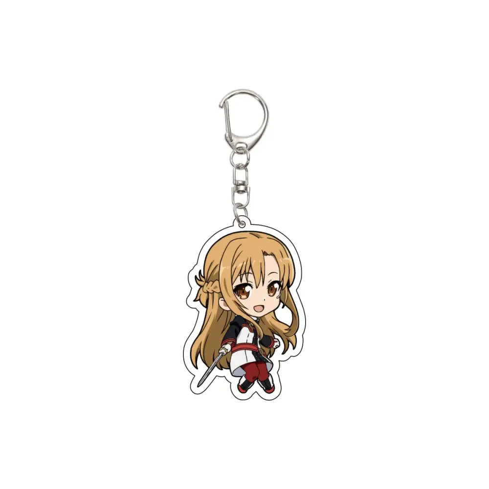 Chibi-style acrylic keychain of blonde anime character alice in white and red outfit holding sword with silver clip