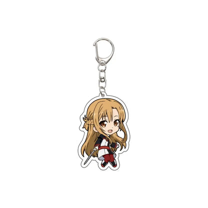 Chibi-style acrylic keychain of blonde anime character alice in white and red outfit holding sword with silver clip