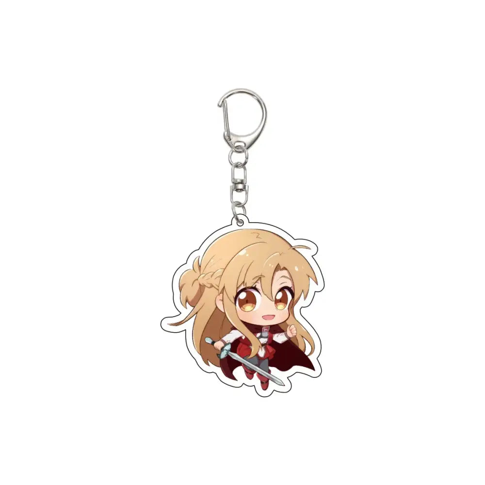 Chibi-style acrylic keychain featuring blonde anime character alice synthesis in red and white attire holding a sword with silver clip