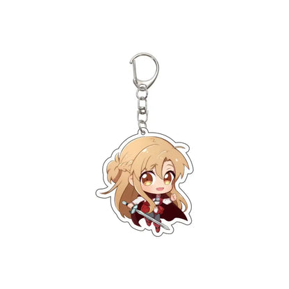 Chibi-style acrylic keychain featuring blonde anime character alice synthesis in red and white attire holding a sword with silver clip
