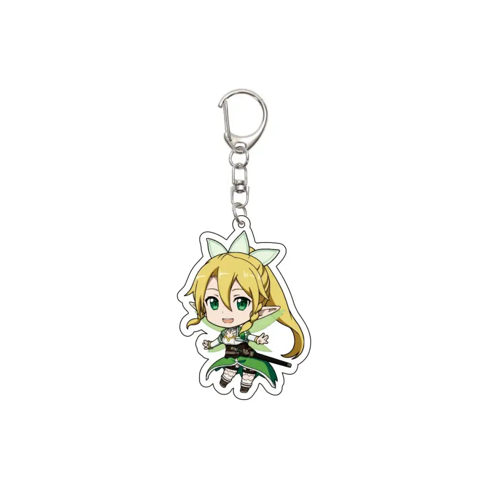 Chibi-style acrylic keychain of blonde elf with green eyes and leaf ears in green and white outfit from sword art online