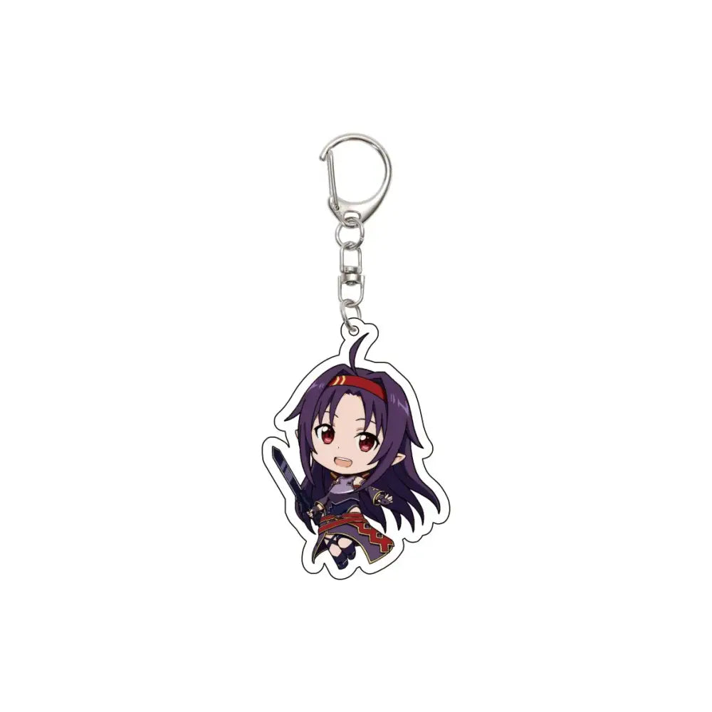 55mm anime sword art online purple-haired acrylic keychain with silver clip and detailed red accents on outfit for gifts