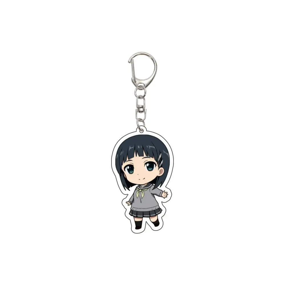 Chibi-style acrylic keychain featuring a short black-haired character with green eyes in gray school uniform from sword art online
