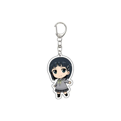 Chibi-style acrylic keychain featuring a short black-haired character with green eyes in gray school uniform from sword art online