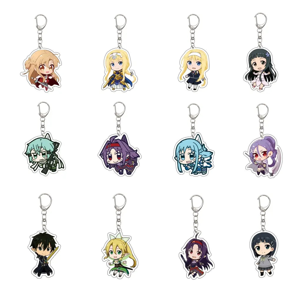 Chibi anime sword art online keychains with colorful acrylic designs and metallic silver chains for christmas gifts