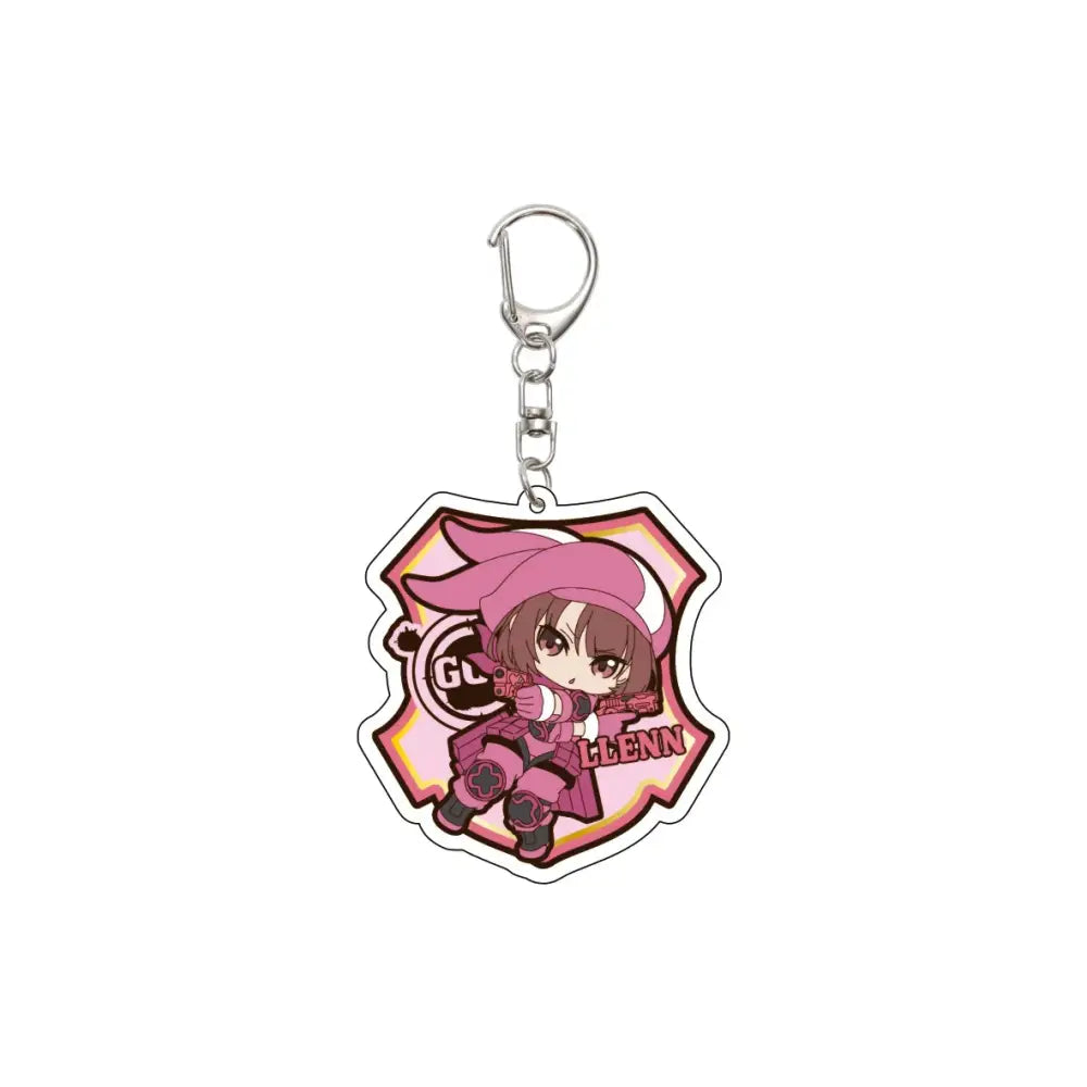 Pink and white acrylic 55mm anime sword art online keychain with chibi character and glenn text on shield design