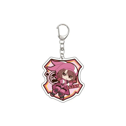 Pink and white acrylic 55mm anime sword art online keychain with chibi character and glenn text on shield design