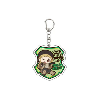 Green shield-shaped acrylic keychain featuring chibi blonde character with black hat holding rifle from sword art online