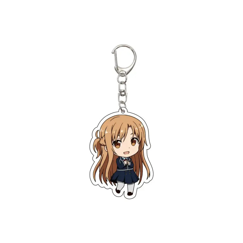 A clear acrylic 55mm keychain featuring chibi asuna from sword art online in her brown hair and school uniform