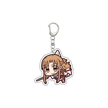 A chibi-style acrylic keychain featuring a smiling anime girl with light brown hair and cat ears holding a sword in red armor