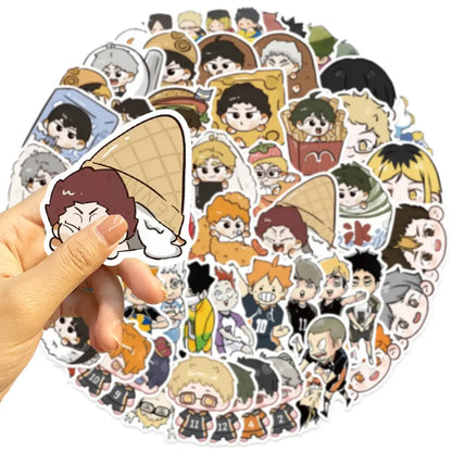 A hand holds a high quality white-bordered volleyball boy graffiti sticker featuring a cute anime character with brown hair and ice cream hat