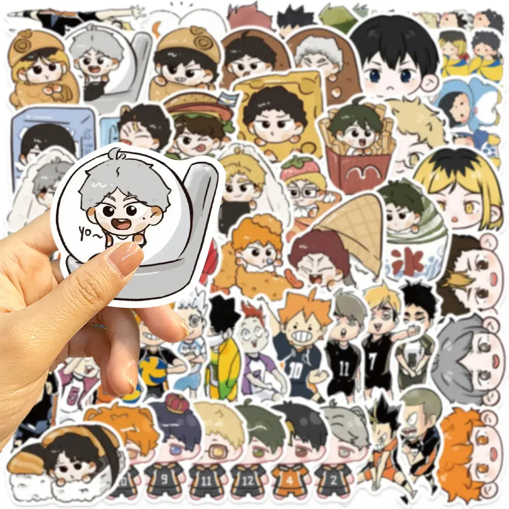 A hand holding a white circular high quality volleyball boy graffiti sticker with gray hair and yo text for decoration