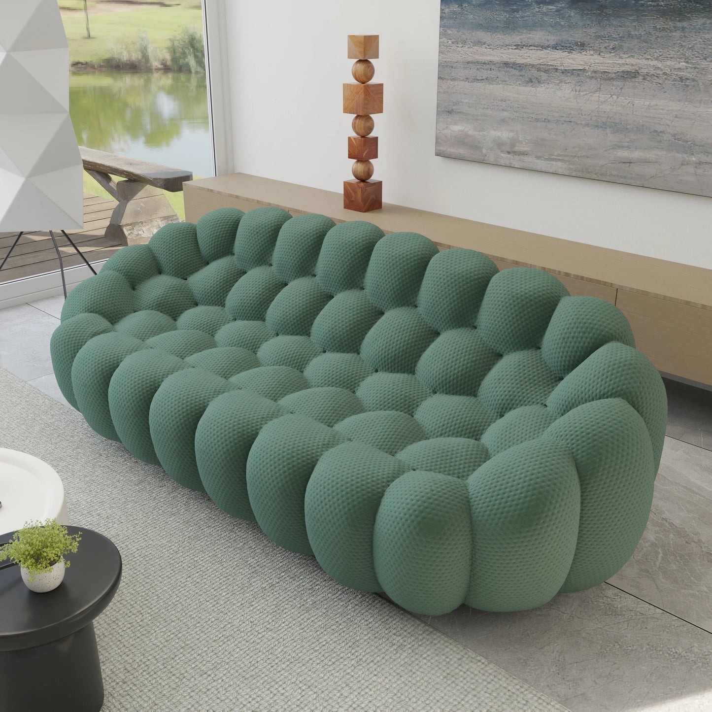 98.43'' Comfortable Curved Couch 3D Honeycomb Shape Mesh Fabric Bean Bag Sofa for Living Room Apartment Small Space - 3 Seater