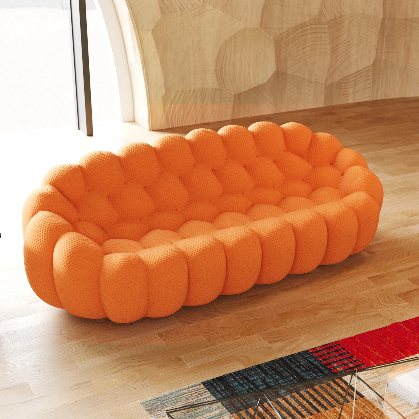 98.43'' Comfortable Curved Couch 3D Honeycomb Shape Mesh Fabric Bean Bag Sofa for Living Room Apartment Small Space - 3 Seater