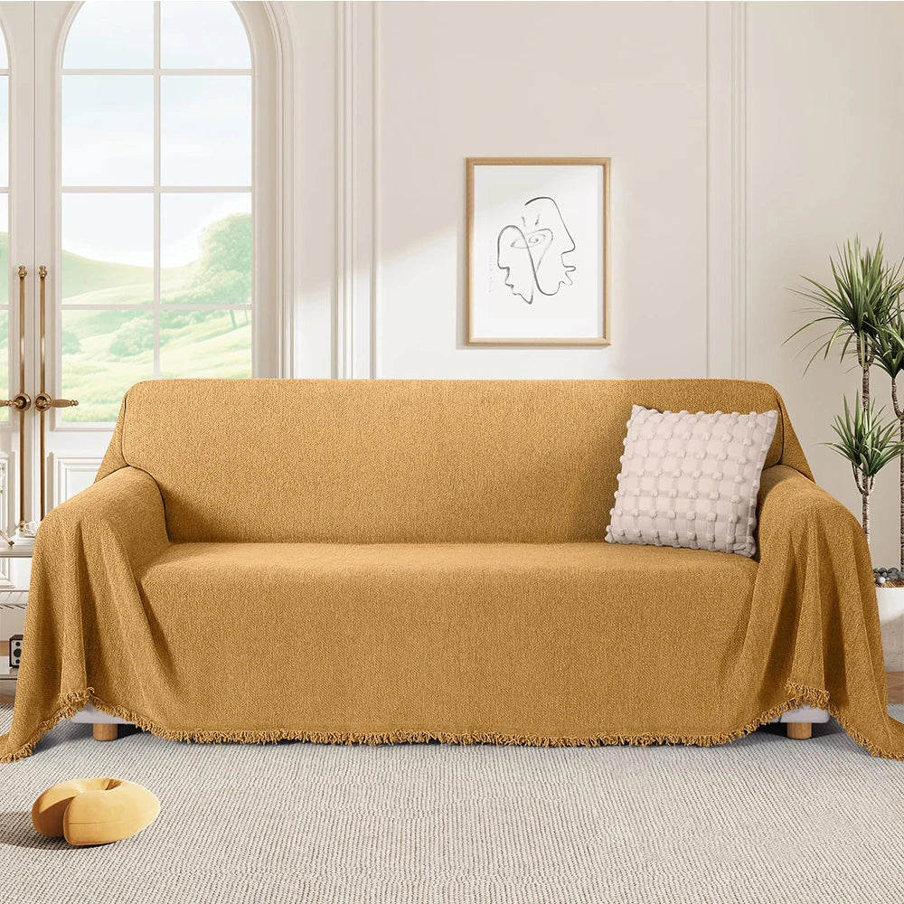 Couch Cover Luxurious Chenille Sofa Covers with Elegant Fringe Herringbone Texture Heavyweight Cozy Blanket for Couch Bed Decor