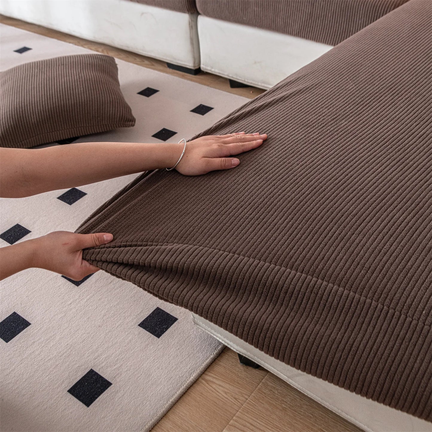Thicken Stripe Jacquard Stretch Removable Sofa Seat Cushion Cover Washable for Living Room Kids Pets Furniture Protector