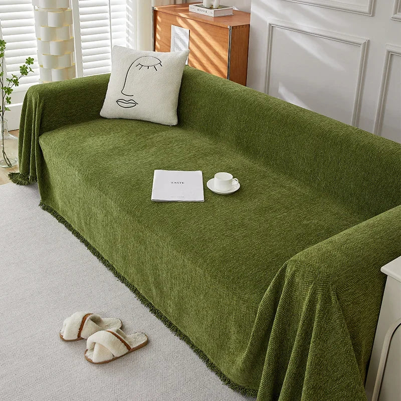 Couch Cover Luxurious Chenille Sofa Covers with Elegant Fringe Herringbone Texture Heavyweight Cozy Blanket for Couch Bed Decor