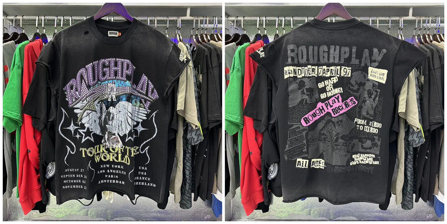 New Rough Play hotfix rhinestone and Printed Pattern T-shirt Men/Women Loose sleeveless Tops 100% Cotton Casual T-shirt