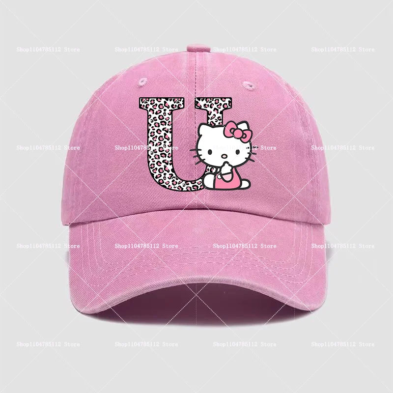 Hello Kitty Cap Cotton Breathable Wash Distressed Hat Cartoon Anime Figure Women Trend Hats Kawaii Letters A-Z Headdress Gift