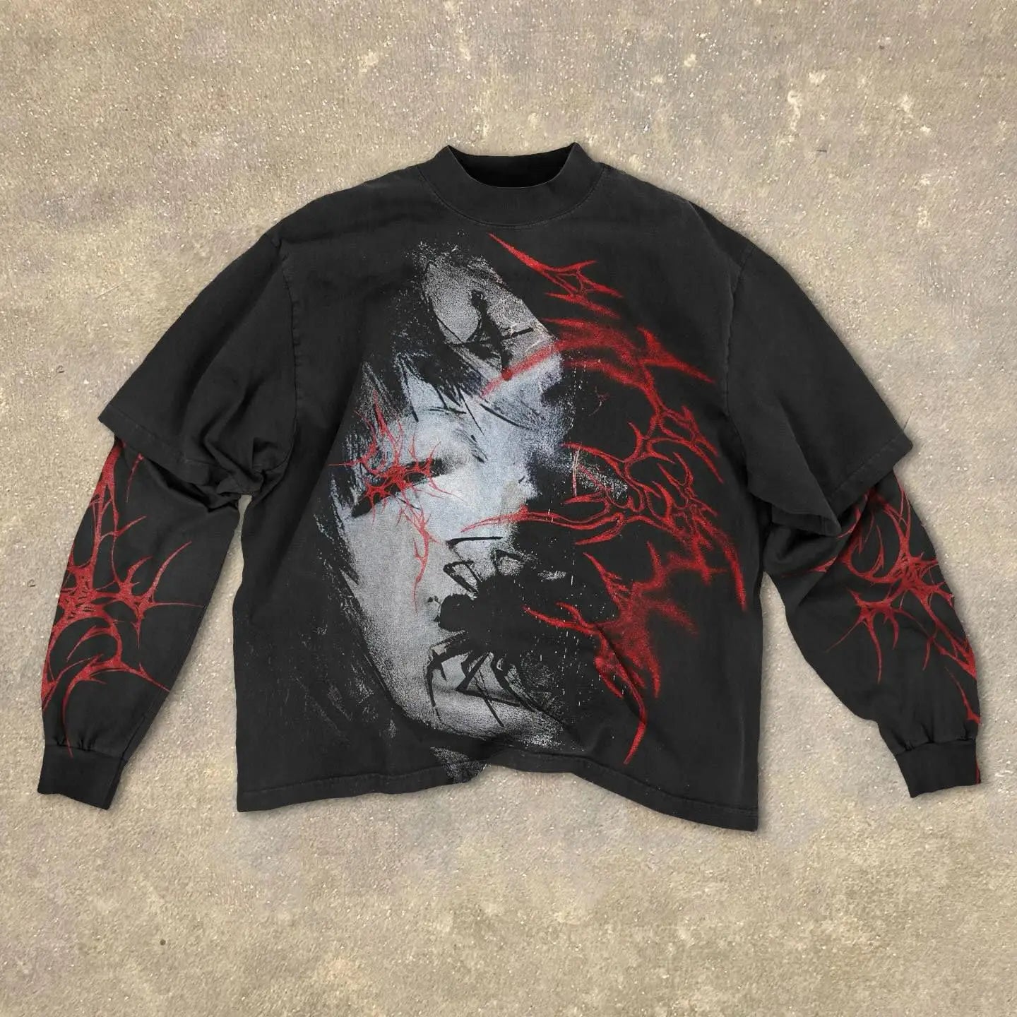 Gothic Fake Two Piece Long Sleeve Red Eye Pattern Spliced T Shirt Autumn Popular Select Dark Punk Fashion Cotton Tops
