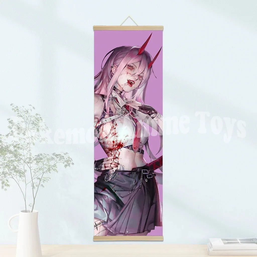 Chainsaw Man Anime Poster Wooden-framed Scroll Painting HD Quality Wall Art Retro Posters for Home Room Wall Decor