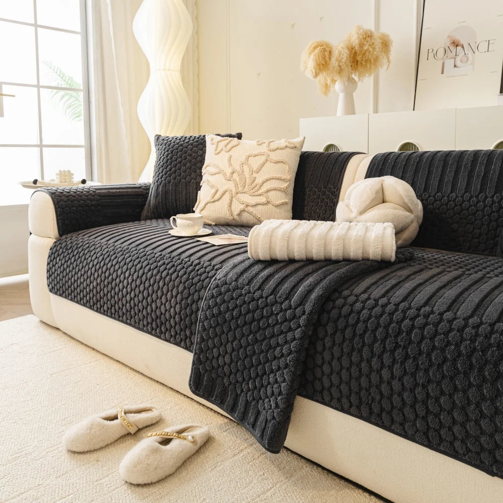 Thicken Warm Geometric Jacquard Fleece Anti-Slip Sofa Cover for Living Room Couch Seat Cover Warm Solid Tuffed Fleece Sofa Towel