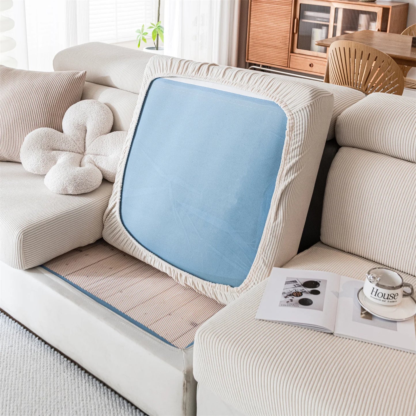 Thicken Stripe Jacquard Stretch Removable Sofa Seat Cushion Cover Washable for Living Room Kids Pets Furniture Protector