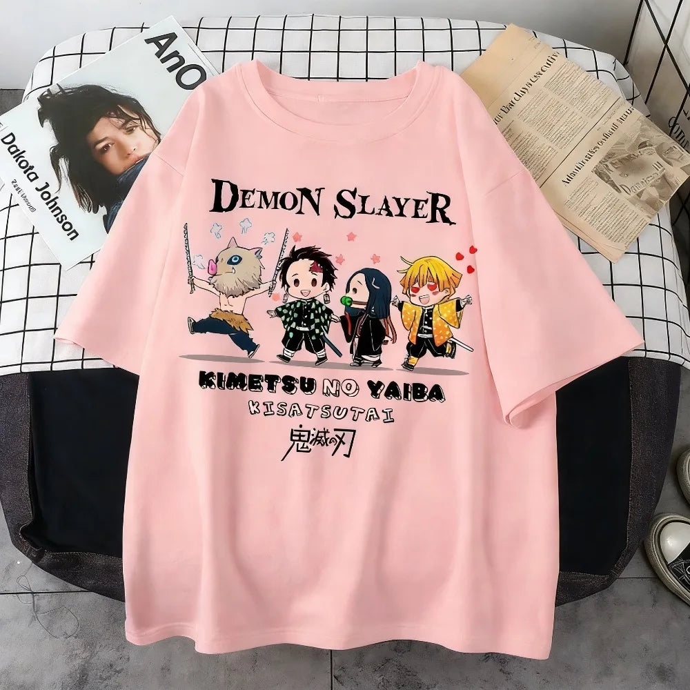 Plus Size Demon Slayer Summer Anime Printed Men, Women T-shirt Casual Parent Child Top Fashion Street Wear Harajuku Style Y2K