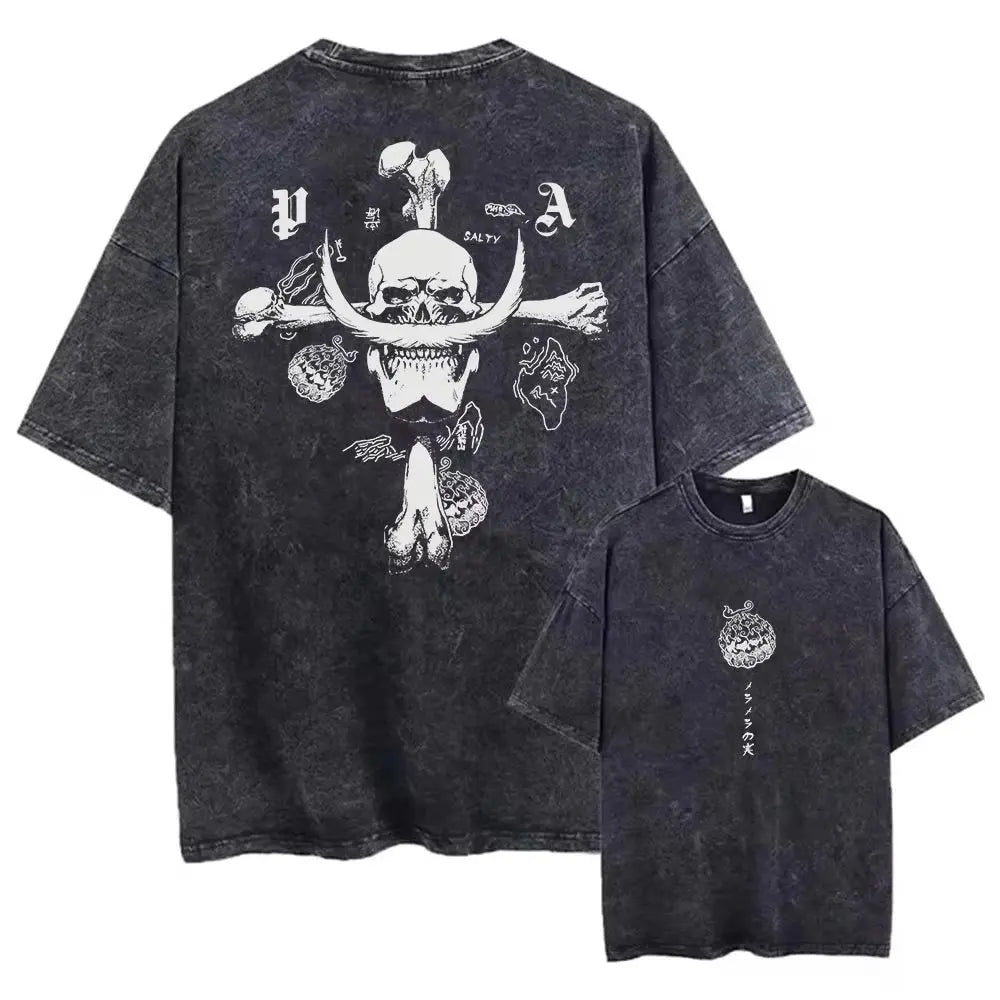 One Piece Skull Short Sleeve Tee Anime Washed Vintage Graphic T-Shirt Man Women Cosplay Casual Tops 2026 Summer Y2k Streetwear