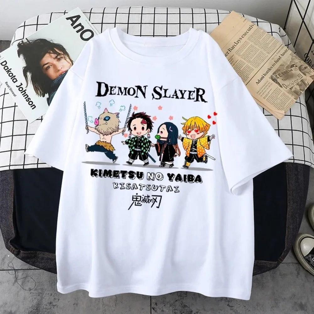 Plus Size Demon Slayer Summer Anime Printed Men, Women T-shirt Casual Parent Child Top Fashion Street Wear Harajuku Style Y2K