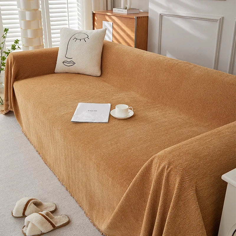 Couch Cover Luxurious Chenille Sofa Covers with Elegant Fringe Herringbone Texture Heavyweight Cozy Blanket for Couch Bed Decor