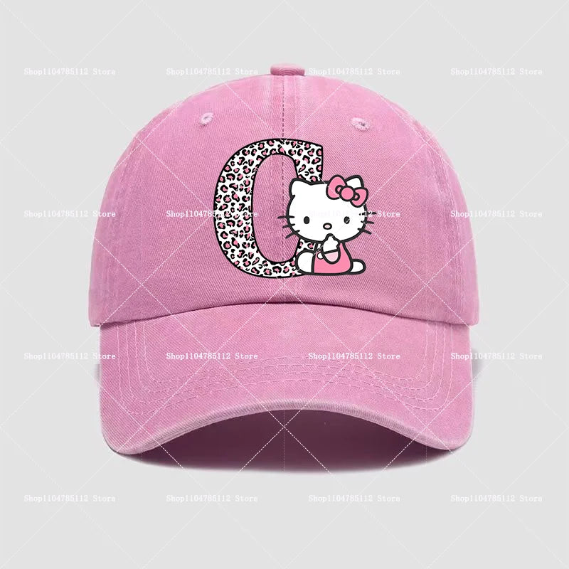 Hello Kitty Cap Cotton Breathable Wash Distressed Hat Cartoon Anime Figure Women Trend Hats Kawaii Letters A-Z Headdress Gift