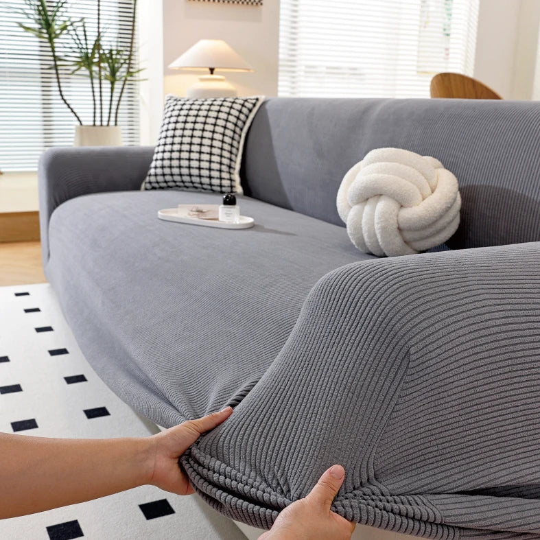 Solid color sofa cover with elastic band design, removable and machine washable, high elasticity, full coverage dust cover