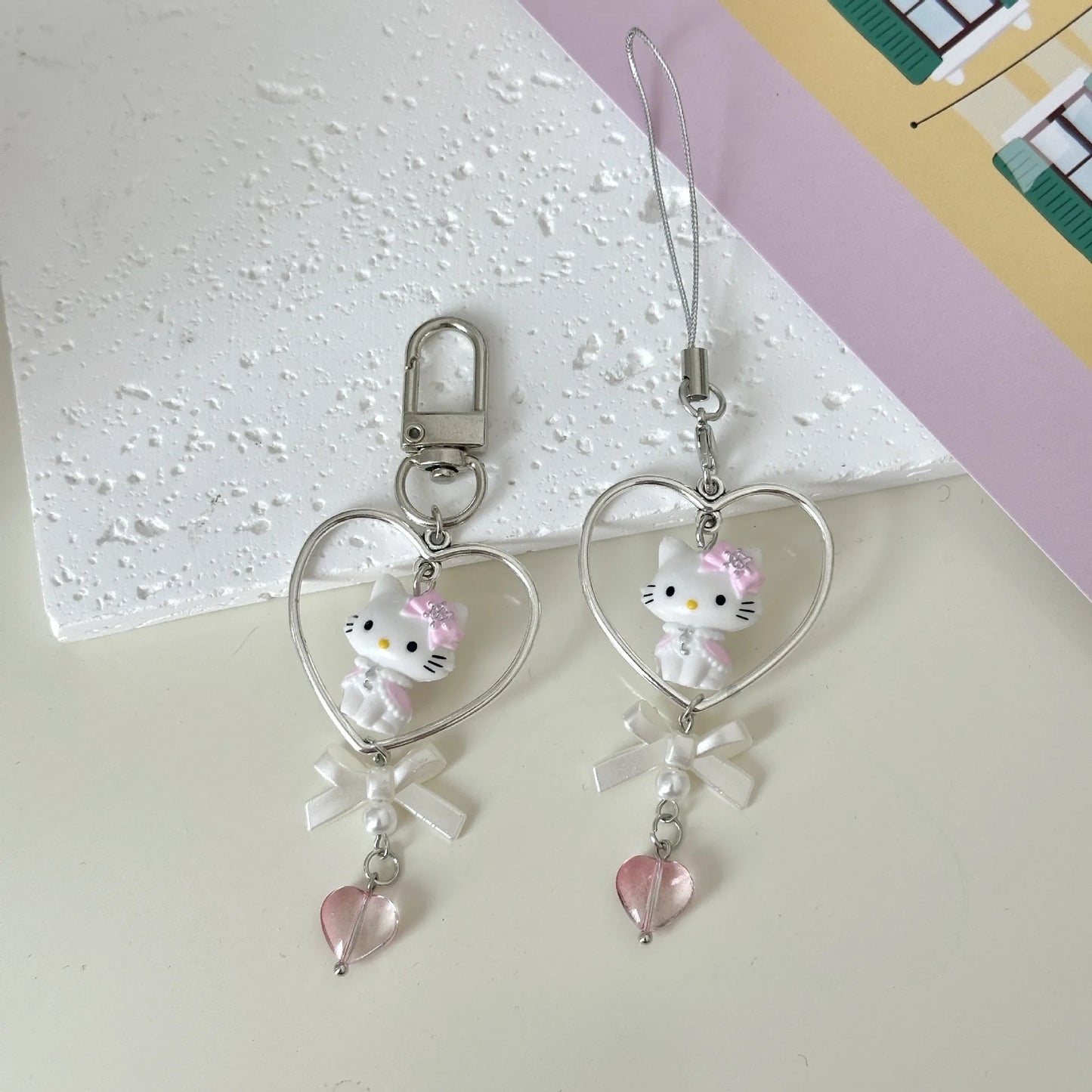 Kawaii Hello Kitty Mobile Phone Chain Cute Sanrio Cartoon Love Bow Keychain Pendant Bag Decoration Anime Peripheral Girl Gifts