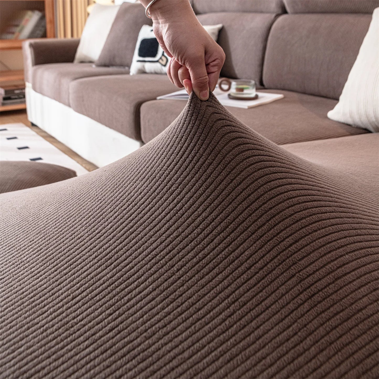 Thicken Stripe Jacquard Stretch Removable Sofa Seat Cushion Cover Washable for Living Room Kids Pets Furniture Protector