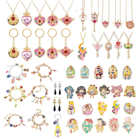 Anime Cartoon Moon Tsukino Usagi Enamel Keychain Necklace for Women Girl Magic Brooch Aino Minako Pin Cosplay Jewelry Gift