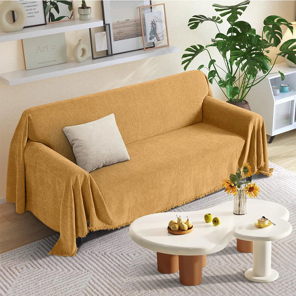 Couch Cover Luxurious Chenille Sofa Covers with Elegant Fringe Herringbone Texture Heavyweight Cozy Blanket for Couch Bed Decor