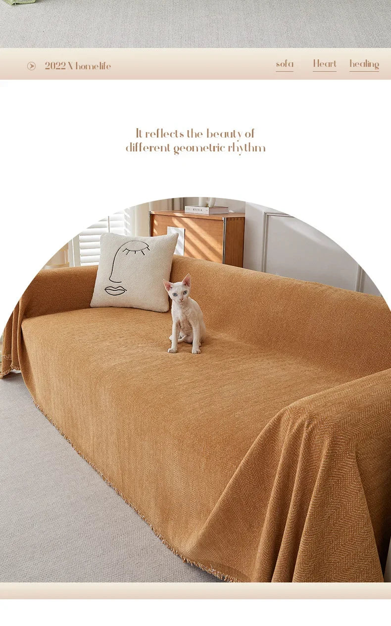 Couch Cover Luxurious Chenille Sofa Covers with Elegant Fringe Herringbone Texture Heavyweight Cozy Blanket for Couch Bed Decor