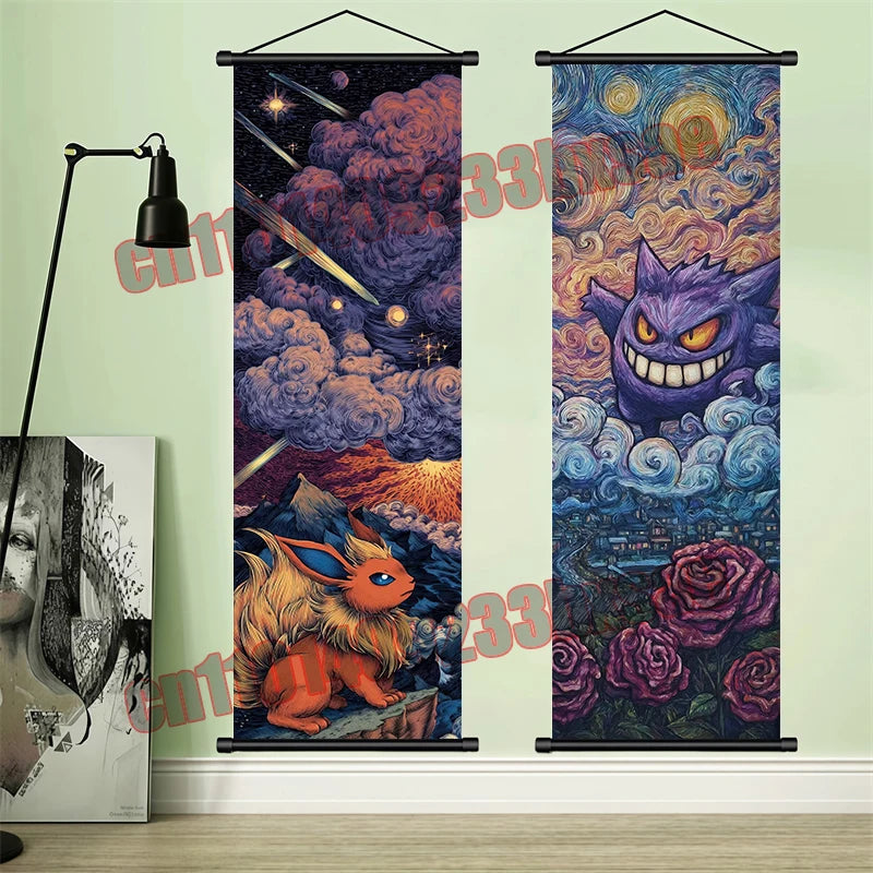Printed Pokemon Poster, Anime Wall Artwork, Gengar Eevee Pikachu Images, Scroll Paintings, Retro Artist Home Living Room Decor