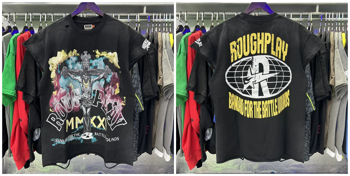 New Rough Play hotfix rhinestone and Printed Pattern T-shirt Men/Women Loose sleeveless Tops 100% Cotton Casual T-shirt