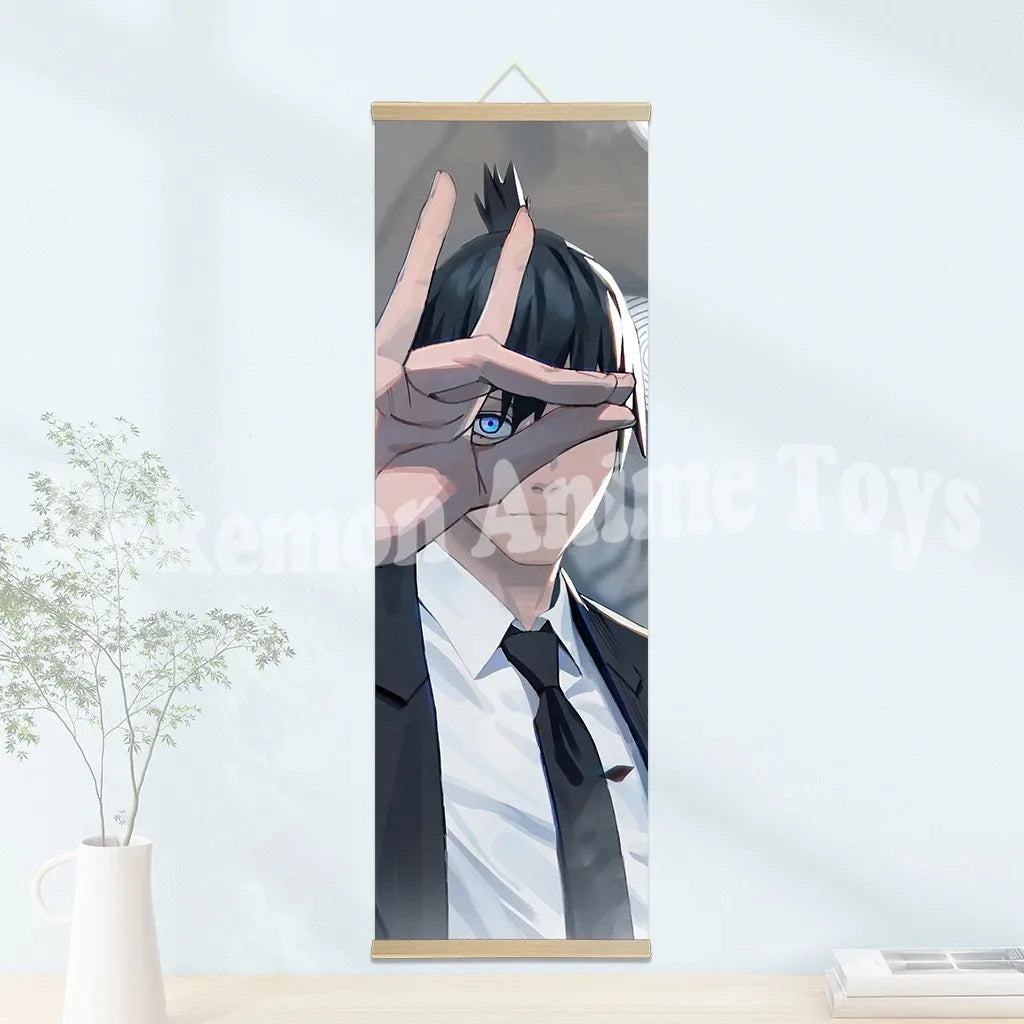 Chainsaw Man Anime Poster Wooden-framed Scroll Painting HD Quality Wall Art Retro Posters for Home Room Wall Decor