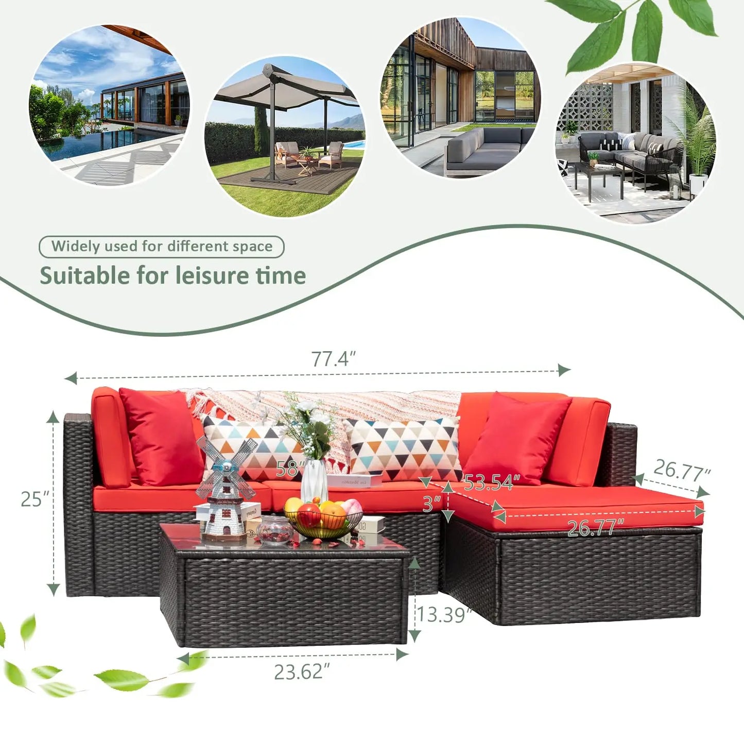 5pc All-Weather Outdoor Sectional Patio Sofa PE Rattan Conversation Set with Cushions & Glass Table, Customized