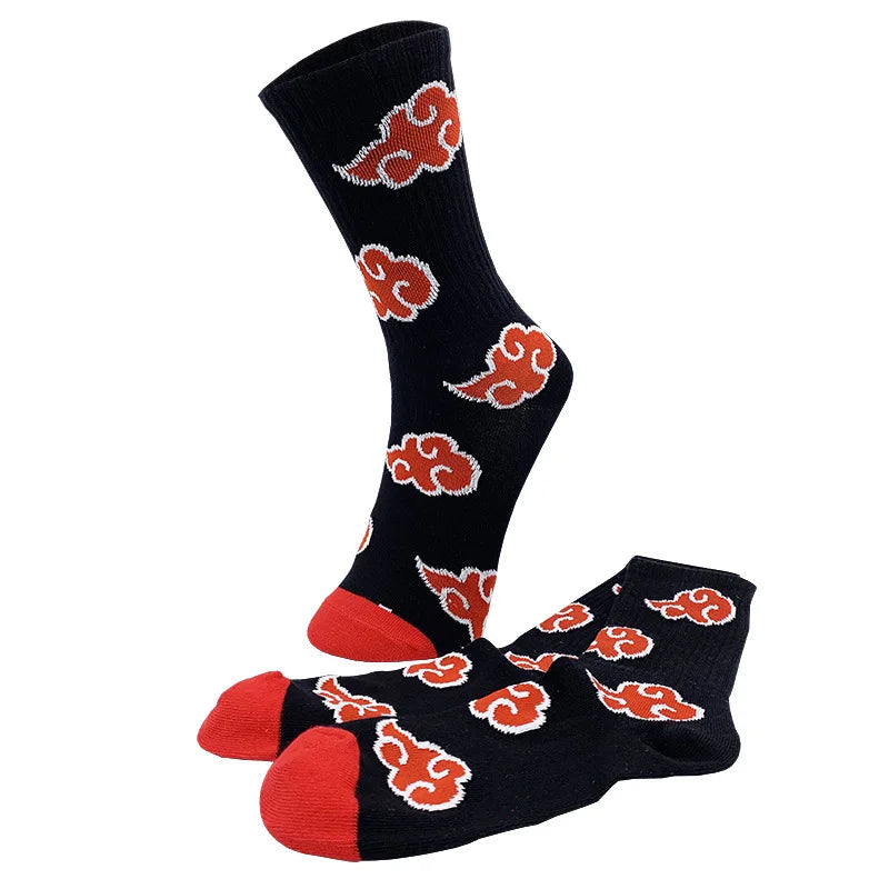 Anime Naruto Sport Long Socks for Men Women Cartoon Akatsuki Red Cloud Action Figure Casual Elastic Harajuku Stockings Toys Gift